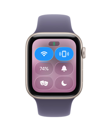 Apple Watch SE 3, ตัวเรือนอะลูมิเนียม, สีสตาร์ไลท์, ศูนย์ควบคุม, ไอคอนส่งสัญญาณหา iPhone, ภายนอกด้านขวา, Digital Crown, สายแบบ Sport Band, สีม่วงควันหมอก