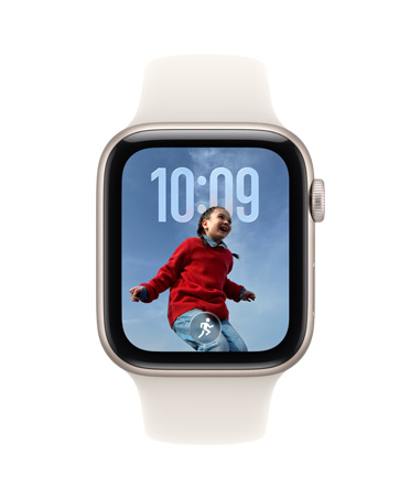 Apple Watch SE 3, ตัวเรือนอะลูมิเนียม, สีสตาร์ไลท์, เสนอวิดเจ็ตซ้อนอัจฉริยะ, การเสนอแนะการออกกำลังกายเฉพาะส่วน, ภายนอกด้านขวา, Digital Crown, สายแบบ Sport Band, สีสตาร์ไลท์