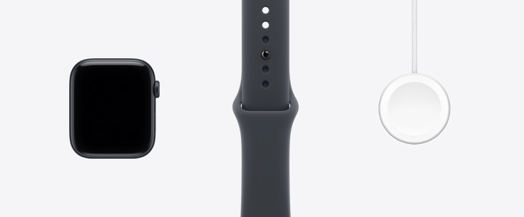 Apple Watch SE 3, aluminium case, midnight colour, front exterior, edge-to-edge display, midnight color Sport Band, Apple Watch Magnetic Fast Charger to USB-C Cable