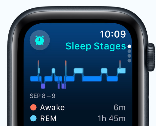 Écran de l’app Sommeil affichant les phases du sommeil, les minutes d’éveil et les minutes de sommeil paradoxal