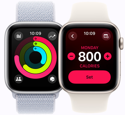 Deux Apple Watch SE affichant les écrans Activité montrant un anneau Activité et des objectifs de calories