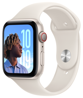 Apple Watch SE，下面顯示各款外觀選擇：午夜暗色鋁金屬、星光色鋁金屬及銀色鋁金屬。