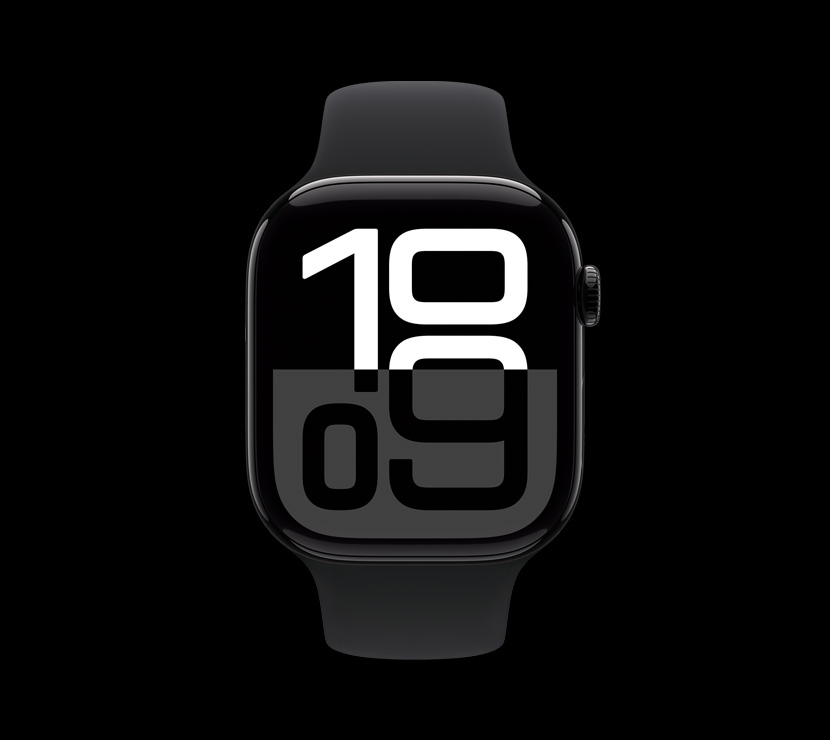 Apple Watch Series 10 的正面，展示亮黑色鋁金屬外觀。