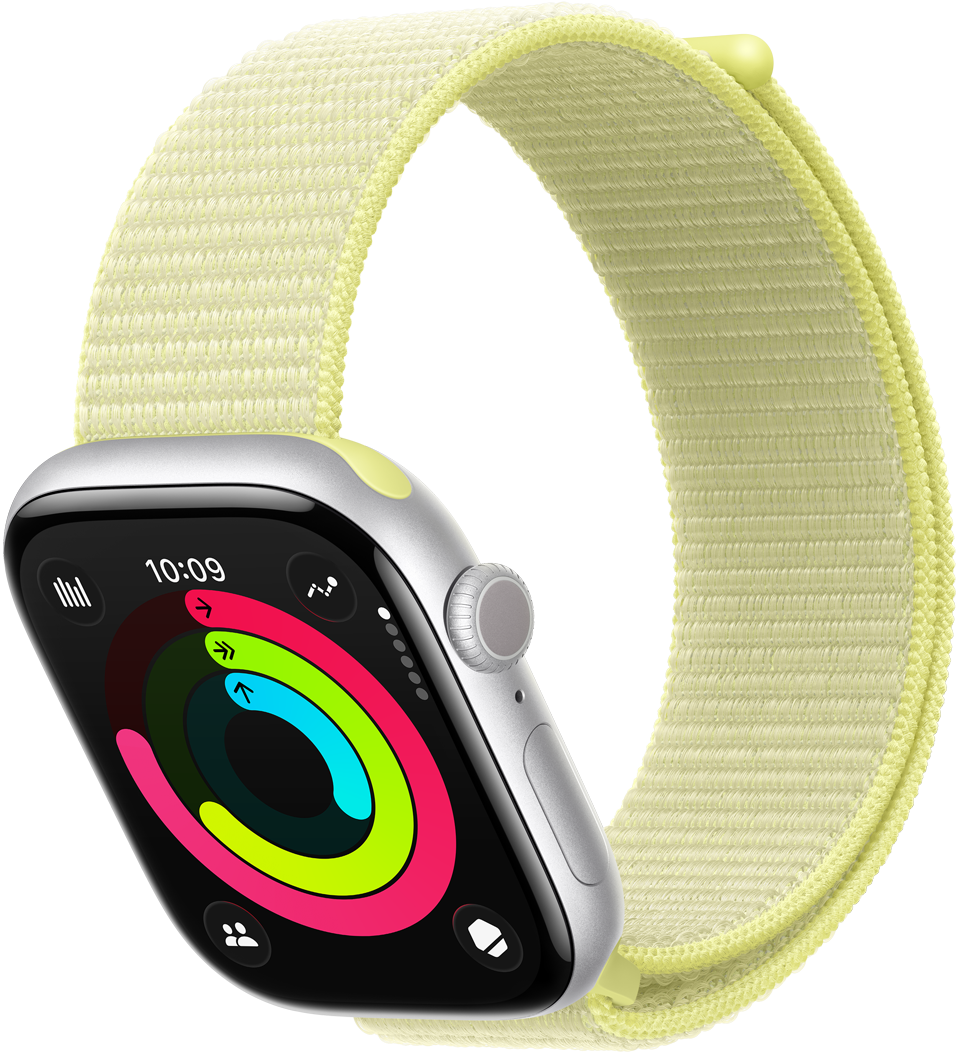 Apple Watch Series 11, цвят сребърно, алуминиев корпус, кръгове за активност: Движение, Упражнения, Изправяне, дясна външна страна, циферблат Digital Crown, страничен бутон, микрофон, каишка, неоново жълта Sport Loop