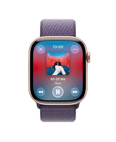 Apple Watch Series 11, розово злато цвят, алуминиев корпус, Apple Music контроли, плейлист за тренировки, външна дясна страна, Digital Crown, каишка, Sport Loop цвят лилава мъгла