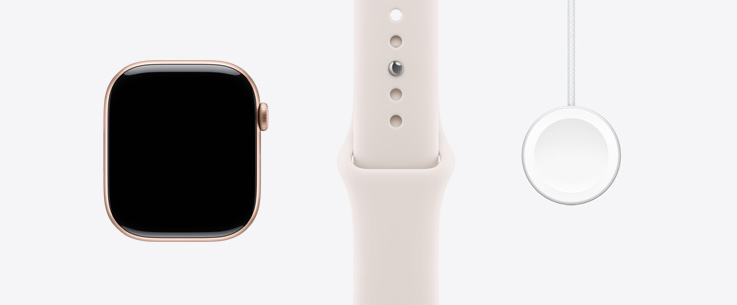 Apple Watch Series 11, алуминиев корпус,  розово злато, преден екстериор, дисплей от край до край, Sport Band в светъл руж, магнитно бързо зарядно за Apple Watch към USB‑C кабел