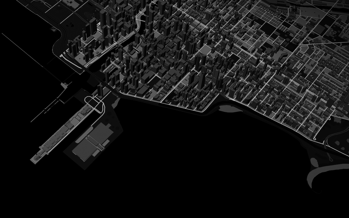 Animation of a line representing a runner's route through a 3D Maps view of a cityscape