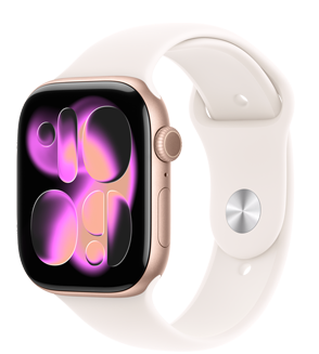 Apple Watch Series 11, สีโรสโกลด์, ตัวเรือนอะลูมิเนียม, หน้าปัด Responsive Art, ภายนอกด้านขวา, Digital Crown, ไมโครโฟน, ปุ่มด้านข้าง, สายแบบ Sport Band, สีชมพูบลัช