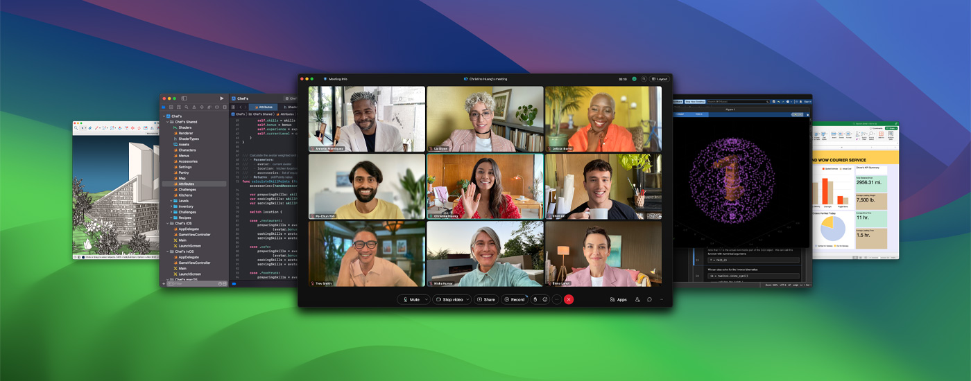 Multiple app screens displayed, including a virtual meeting held on Zoom.