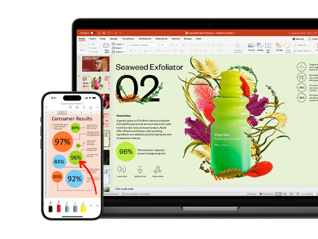 A Mac and an iPhone displaying different sections of a vibrant and colorful presentation focused on a skincare product.