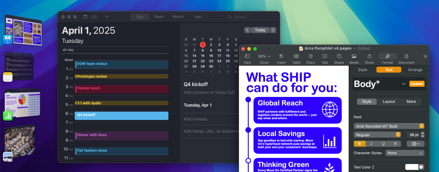 Meerdere geopende apps op een scherm, waaronder Agenda en Pages. Aan de linkerkant van het scherm staan een paar andere iOS-apps.