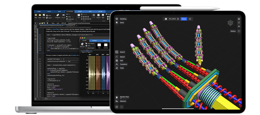 แอปด้านวิทยาศาสตร์ เทคโนโลยี วิศวกรรม และคณิตศาสตร์ที่แสดงอยู่บน MacBook และ iPad พร้อมด้วย Apple Pencil Pro ที่วางอยู่ข้างๆ iPad
