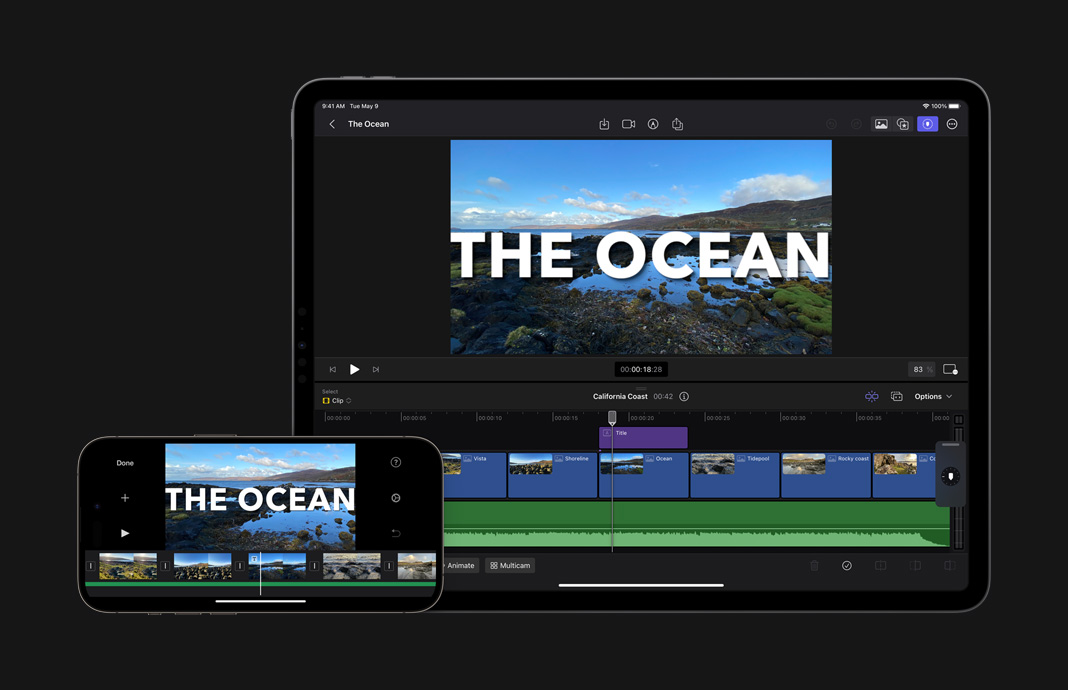 Projeto do iMovie para iOS aberto no Final Cut Pro para iPad para ser finalizado.