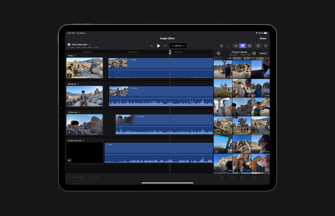 Montage de plans vidéo et audio multicam ouverts dans l’éditeur d’angles de Final Cut Pro pour iPad sur un iPad Pro.
