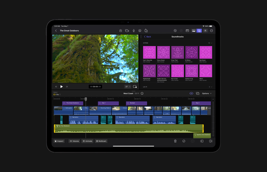 iPad Pro에서 iPad용 Final Cut Pro의 오디오 타임라인을 클로즈업한 화면.