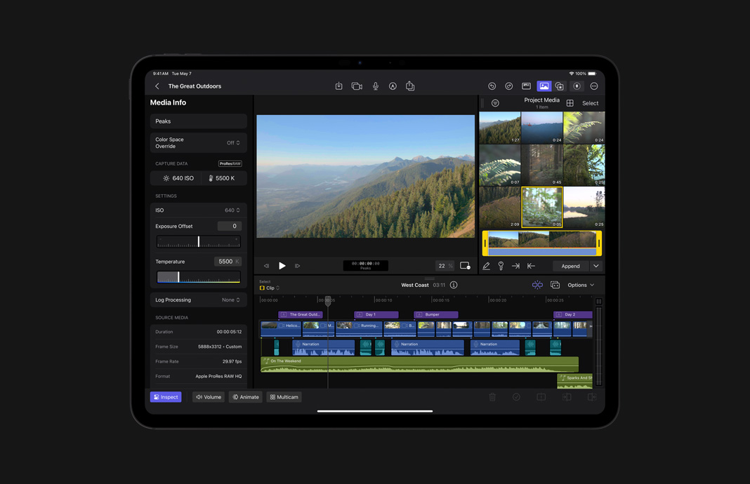 iPad Pro에서 iPad용 Final Cut Pro로 이미지 데이터가 표시된 ProRes Raw 푸티지의 미디어 정보 화면을 띄운 모습.