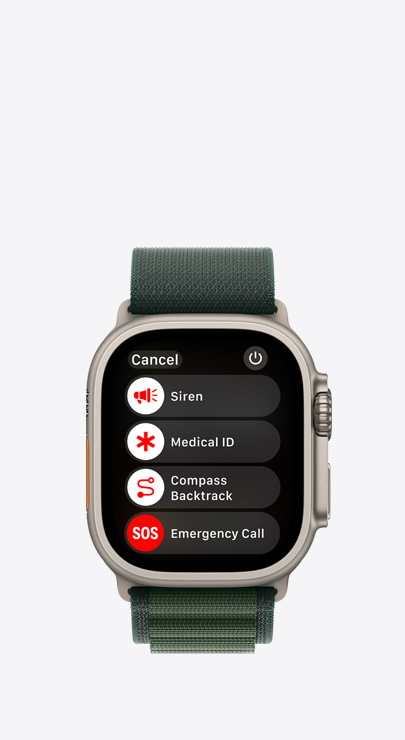 Apple Watch com uma lista de funcionalidades de emergência: Sirene, Ficha médica, Regresso (Bússola) e Chamada de emergência