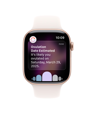 Apple Watch Series 11, aluminum case, rose gold colour, ovulation date estimated notification, right side exterior: Digital Crown, light blush Sport Band