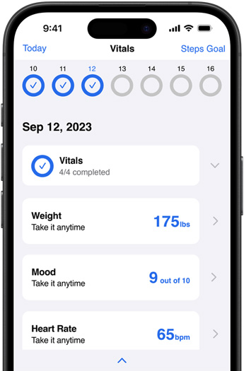 iPhone mostrando os recursos do app Corrie Health.