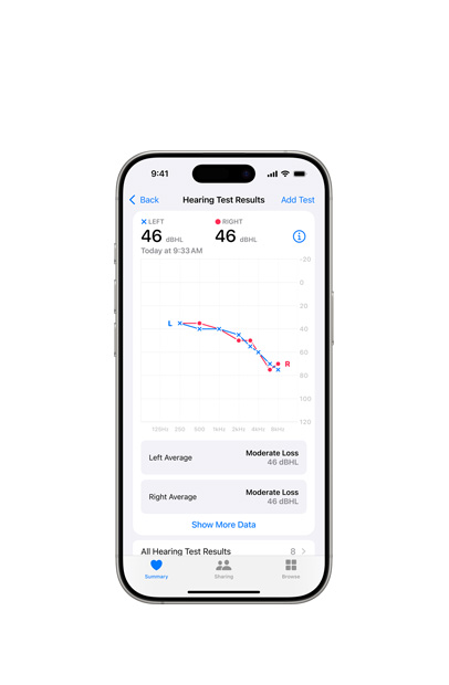 iPhone exibindo os resultados de um teste de audição feito com os AirPods 2.