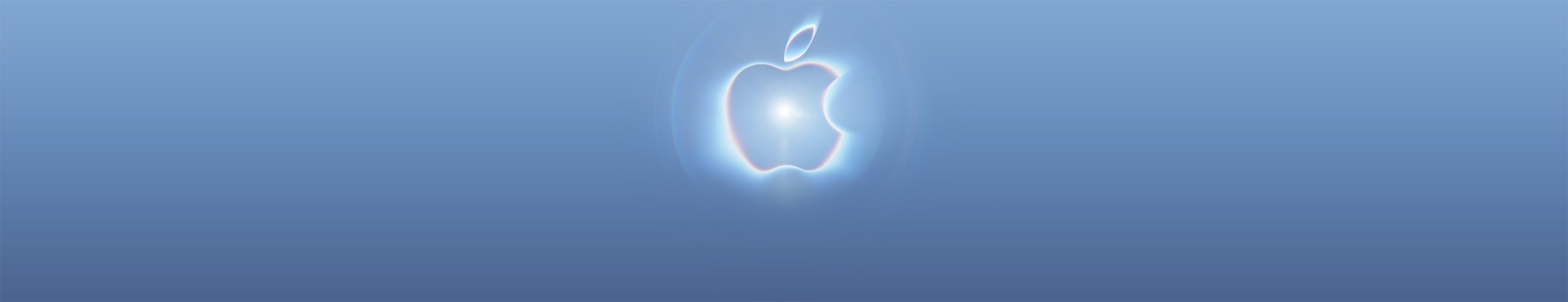 Apple Logo mit einem leuchtenden Neoneffekt in blauen und rosa Farbtönen, grelle weiße Lichtreflexe in der Mitte, auf einem Hintergrund mit Farbverlauf