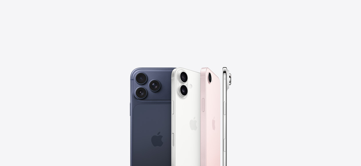 iPhone 17 Pro, parte posterior, color azul profundo, sistema de cámaras Pro Fusion en la esquina superior izquierda, logo de Apple en el centro, iPhone 17, parte posterior, color blanco, sistema de dos cámaras Fusion en la esquina superior izquierda, logo de Apple en el centro, iPhone 17e, parte posterior, color rosa pálido, sistema de cámara Fusion en la esquina superior izquierda, logo de Apple en el centro, iPhone Air, parte lateral, perfil del marco de titanio, sistema de cámaras Fusion en la esquina superior izquierda