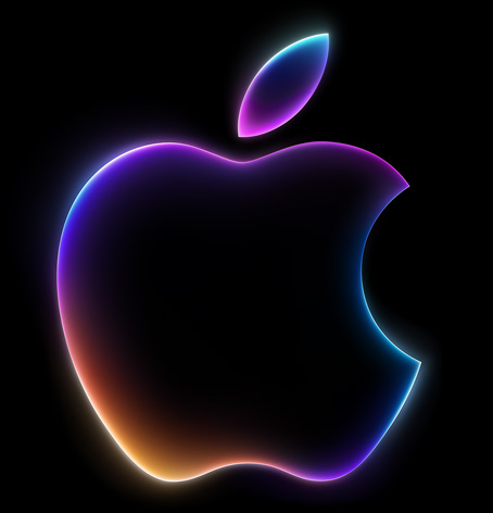 Vibrant, neon colors illuminate the circumference of the Apple logo.