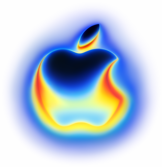 شعار Apple يتألق بتدرج لوني أزرق تكسوه ألوان حرارية تتدرج من الأزرق البارد إلى الأصفر وصولاً إلى الأحمر الناري، وتمتد من أعلى عنق التفاحة إلى الجزء السفلي منها في شعار Apple