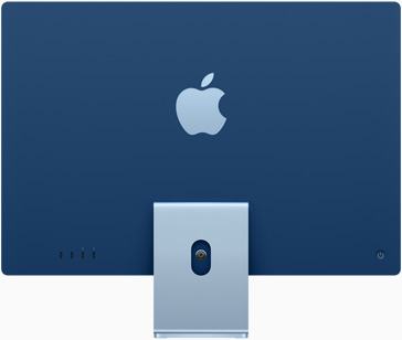 Partea din spate a computerului iMac cu logoul Apple, centrat deasupra suportului, pe Albastru