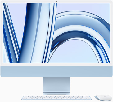 Un iMac azul con la pantalla mirando al frente