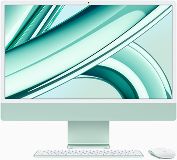 iMac, cu ecranul îndreptat în față, pe Verde