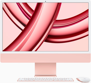 Roze iMac, met het scherm naar voren gericht
