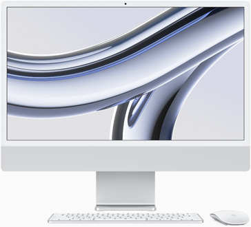 iMac, cu ecranul îndreptat în față, pe Argintiu