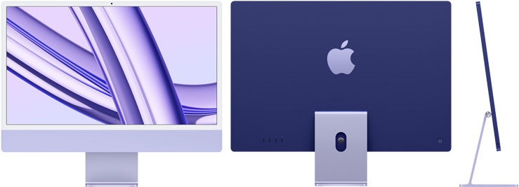 Vorder‑, Rück‑ und Seitenansicht des iMac in Violett