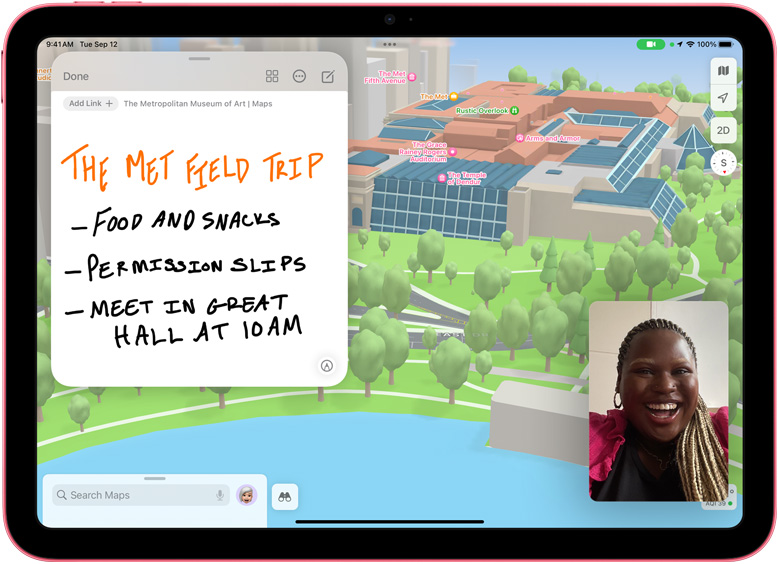 Note rapide dans Plans avec une vignette FaceTime sur un iPad.