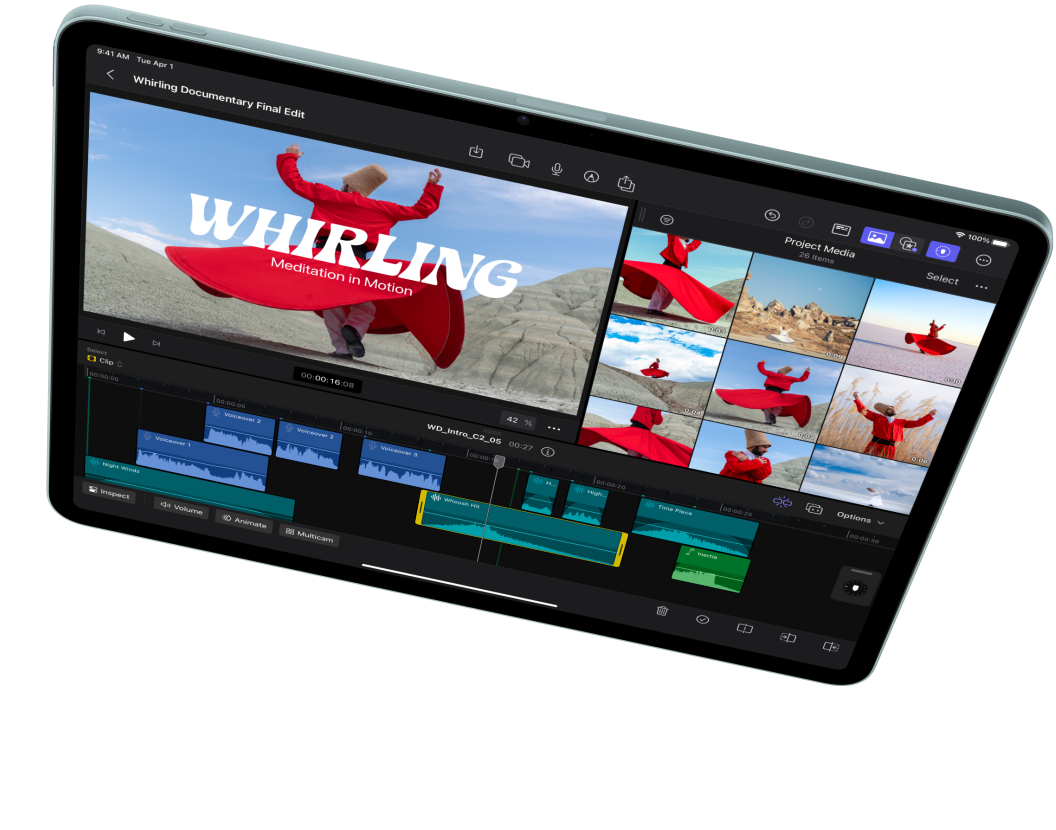 iPad Air u pejzažnoj orijentaciji, demonstracija uređivanja videozapisa u aplikaciji Final Cut Pro