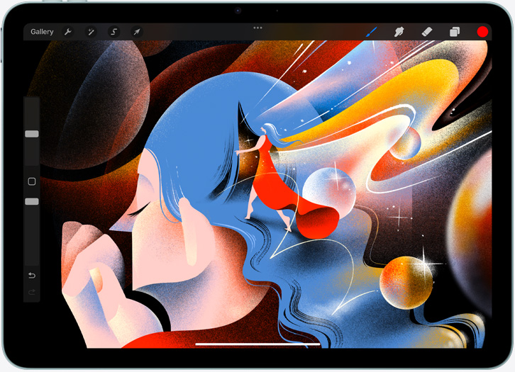 iPad Air, pejzažna orijentacija, na zaslonu je ilustracija aplikacije Procreate