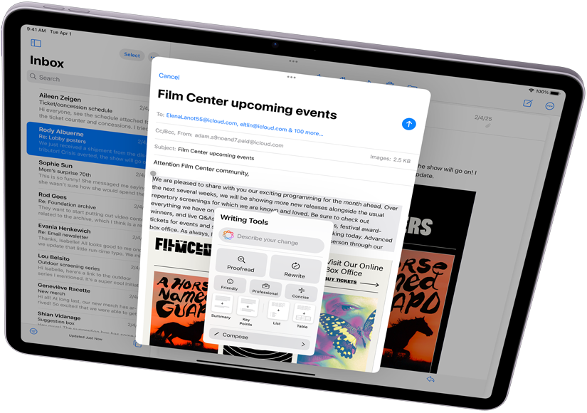Hình ảnh iPad Air nằm ngang, hiển thị Apple Intelligence cùng với Công Cụ Viết và Mail