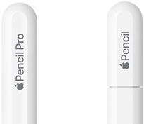 Apple Pencil Pro, extrémité arrondie avec gravure indiquant Apple Pencil Pro, Apple Pencil USB‑C, capuchon avec gravure indiquant Apple Pencil