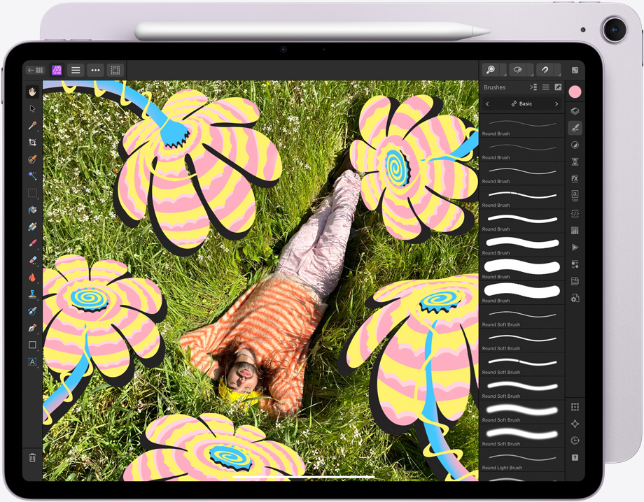 iPad Air, fekvő tájolás, kijelzőjén egy szerkesztés alatt álló kép élénk színekkel