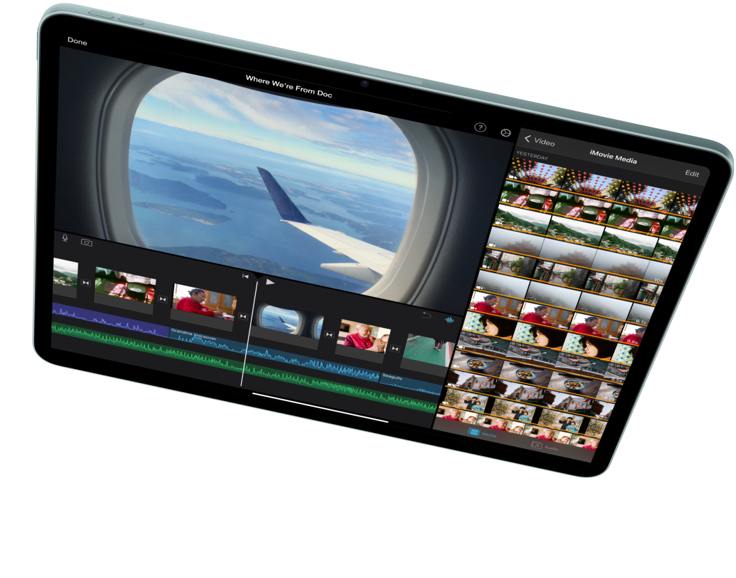 iPad Air en orientation paysage, présentant le montage vidéo dans iMovie