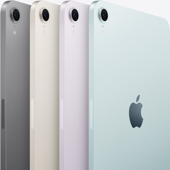 Stražnji prikaz i kamera četiriju iPad mini modela prikazani su u dostupnim bojama: svemirski siva, zvjezdano bijela, ljubičasta i plava.
