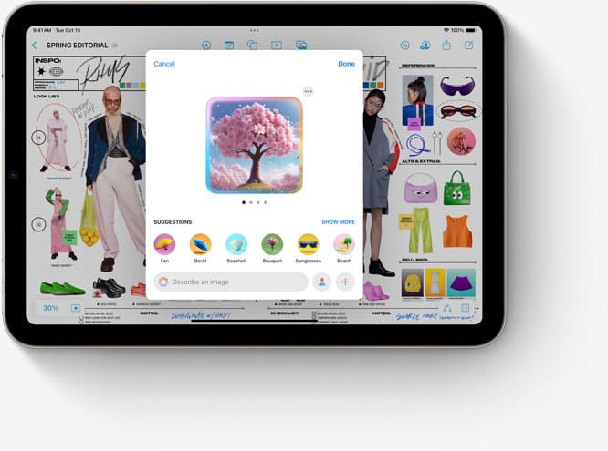iPad mini prikazuje Image Playground, novu značajku Apple Intelligencea u upotrebi s aplikacijom Freeform.