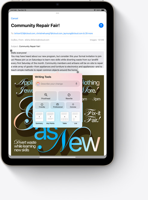 iPad mini prikazuje Alate za pisanje u Mailu, novu značajku Apple Intelligencea.