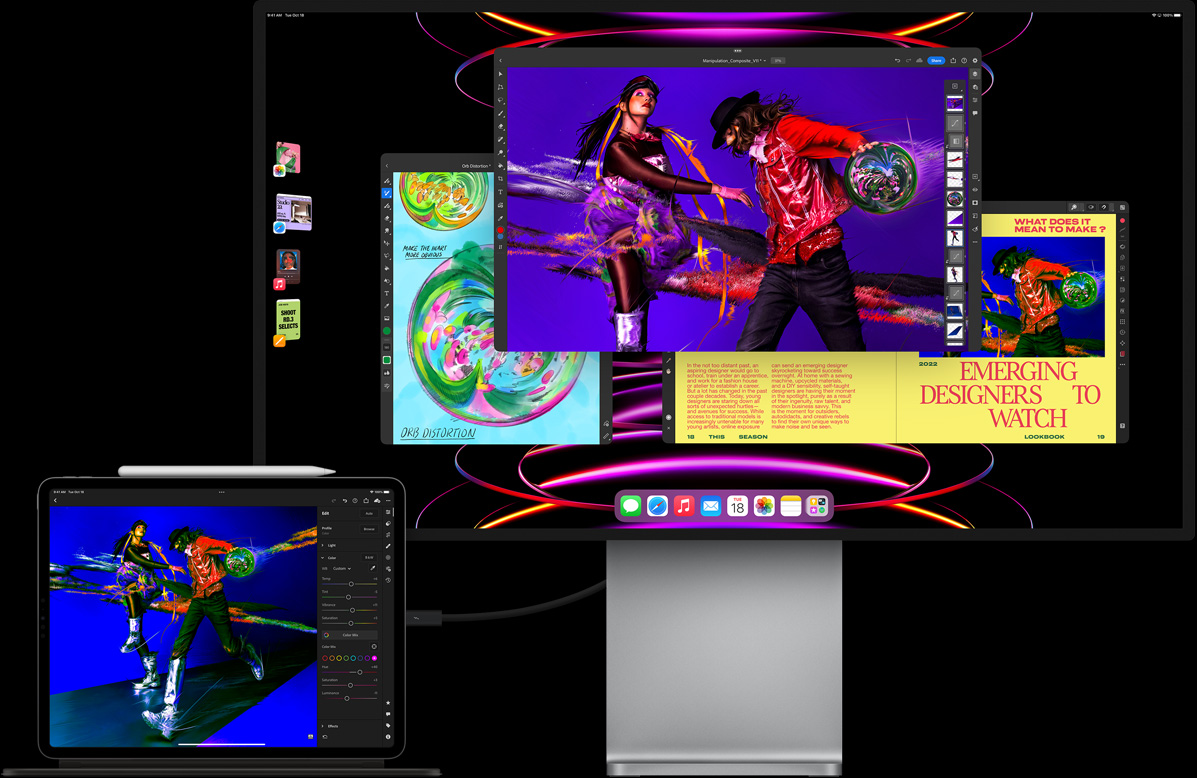 iPad Pro mostrando o aplicativo Luma Fusion conectado a um monitor externo mostrando multitarefa com o Stage Manager