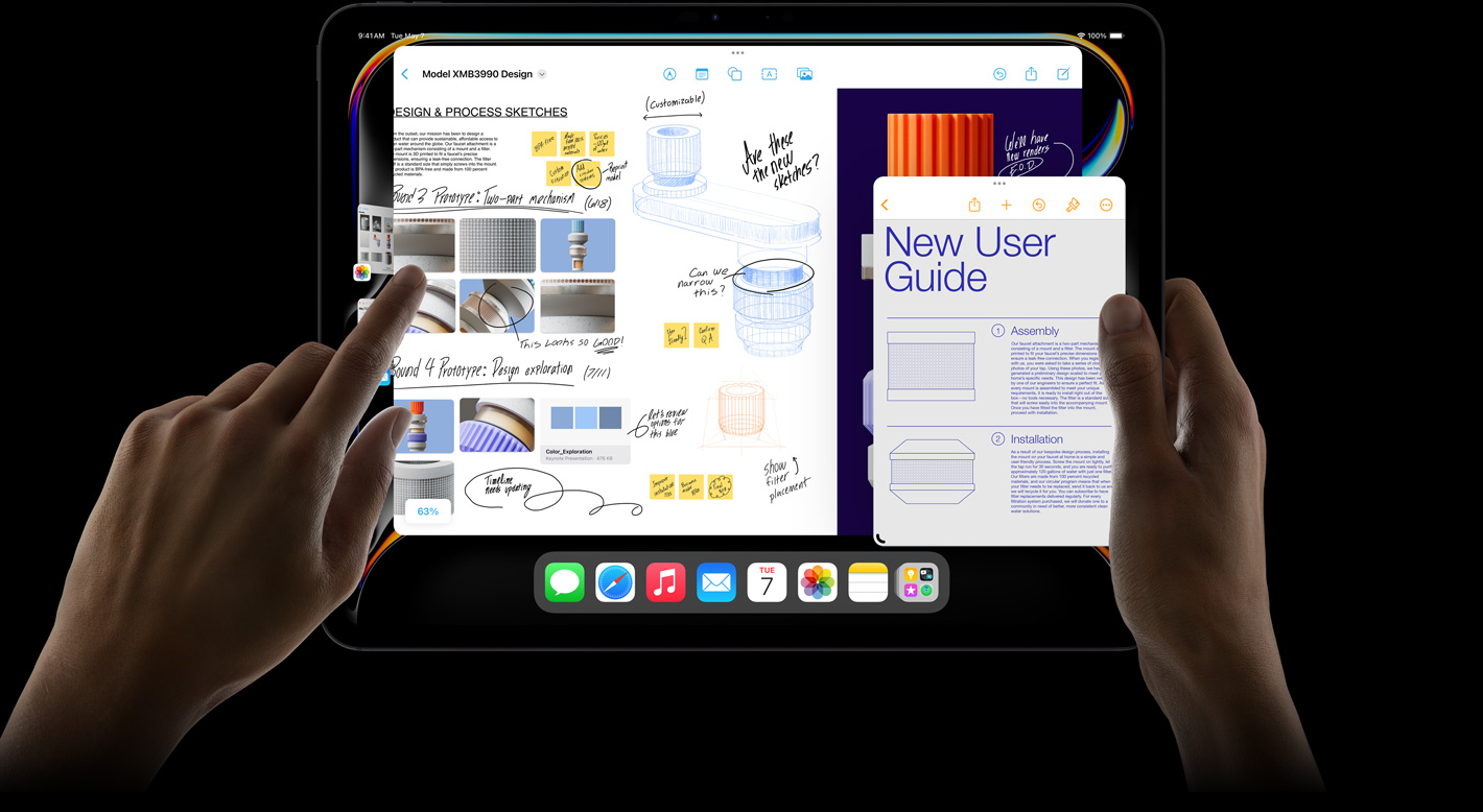 iPad Pro v orientaci na šířku, uživatel přeskakuje mezi aplikacemi