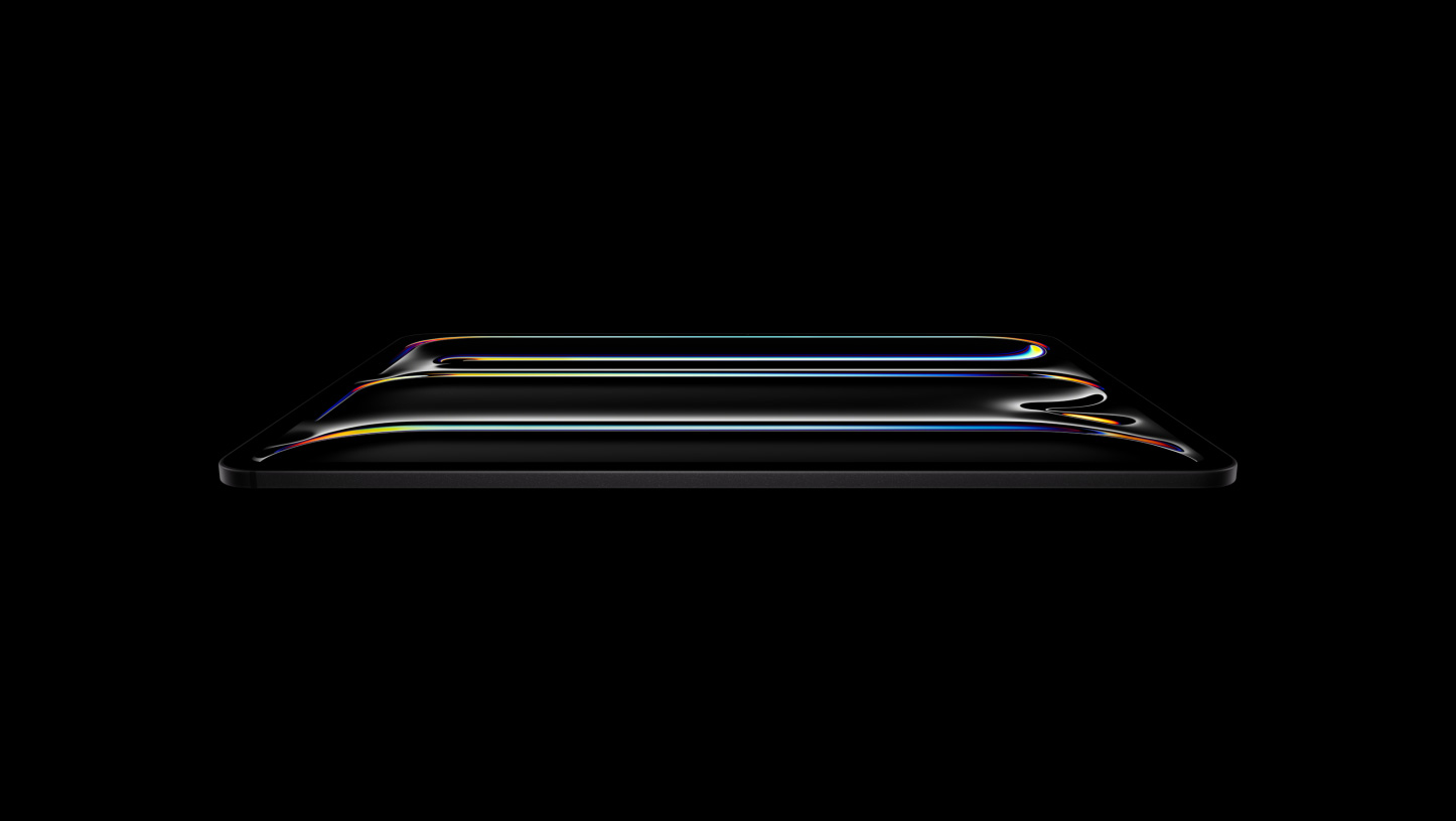 Imagem da parte da frente do iPad Pro, mostrando a borda preta e os cantos arredondados.