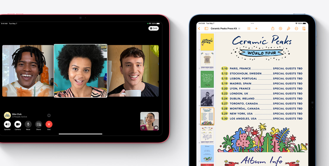 Na obrázku jsou dva iPady, na jednom probíhá FaceTime videohovor a na druhém je otevřená aplikace Pages.