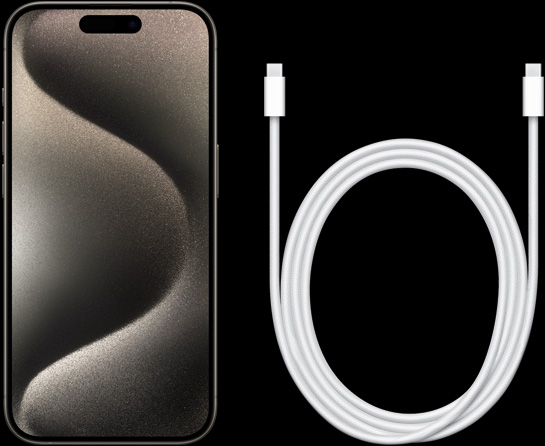Vista frontale dell'iPhone 15 Pro e del cavo di ricarica USB-C