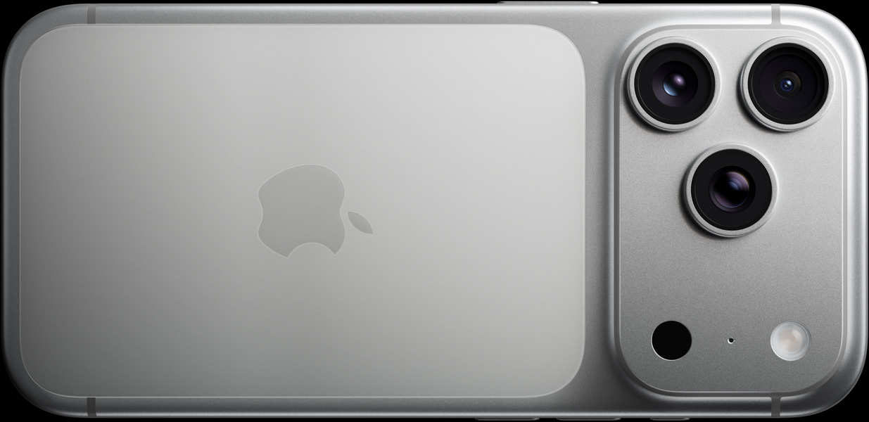 iPhone 17 Pro, silver, back exterior, pro camera system, 3 lenses, microphone, flash